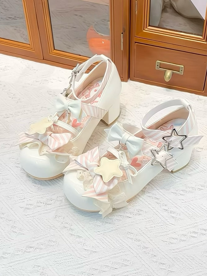 Straps Bowknot Pattern Striped Buckle Lolita White Shoes Star Details