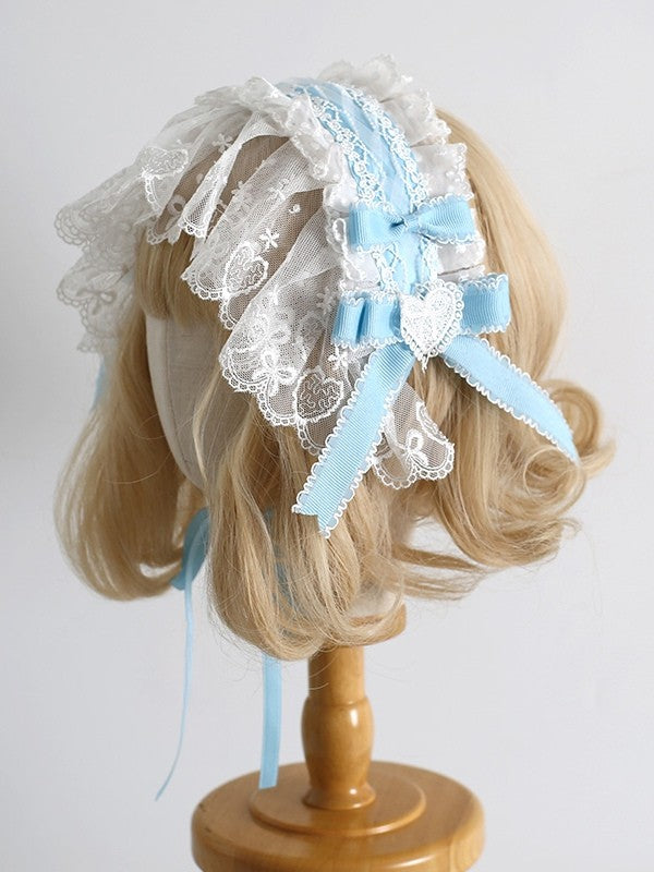 Hairband Trim Heart Lolita Design Sweet With Bowknot Clips WhiteBlue Details Lace