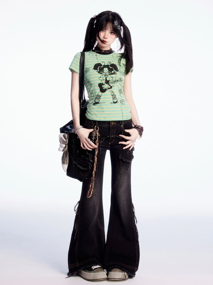 女の子プリント ラウンドネック グリーン ストライプ Tシャツ ロック