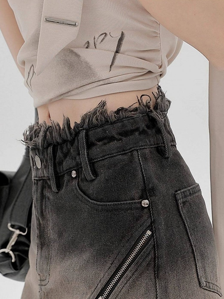 Denim High-waisted Shorts with Butterfly Zippers & Distressed Details - Girlyhalo