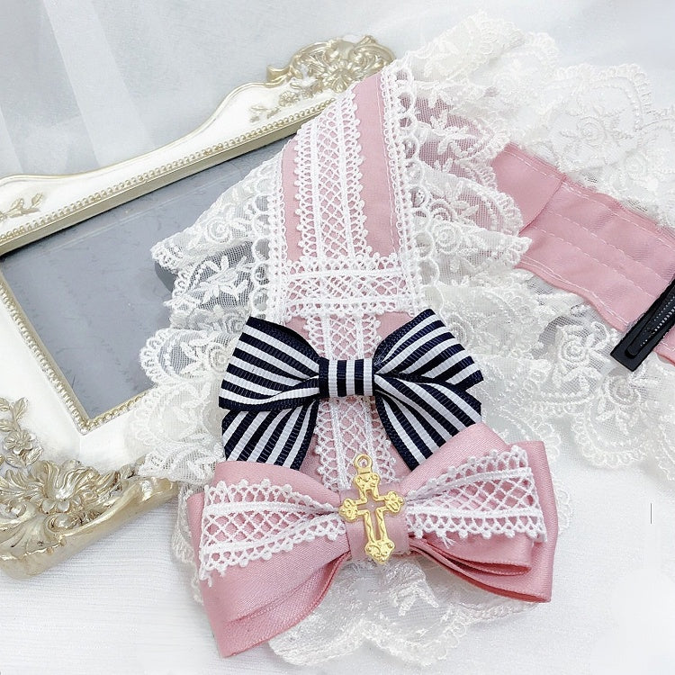 Details Cross Gray/Pink Trim Bowknot Lolita Hairband Decorated Lace Sweet