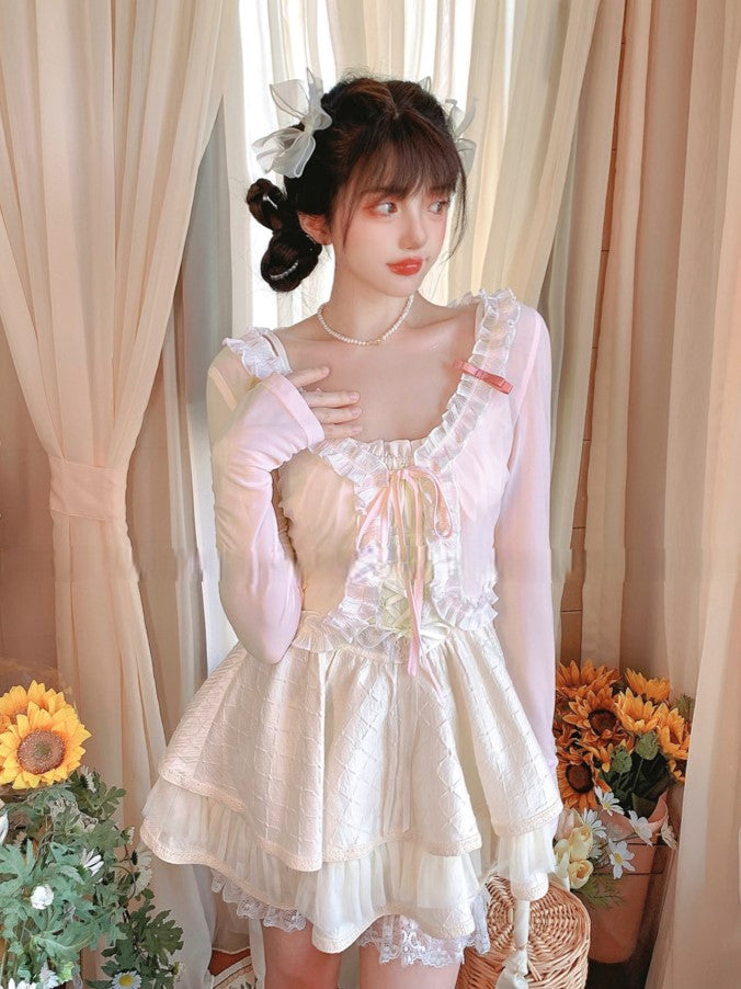 Cardigan With Self-tie Pink Bow Knit Crop Straps Lace Trim