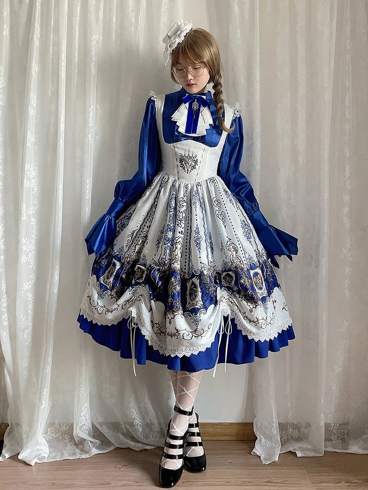 Blue Bat Lolita JSK with Dress Dark Lace-Trimmed Shoulder White Candelabras Gothic Print Straps Drawstring Wings