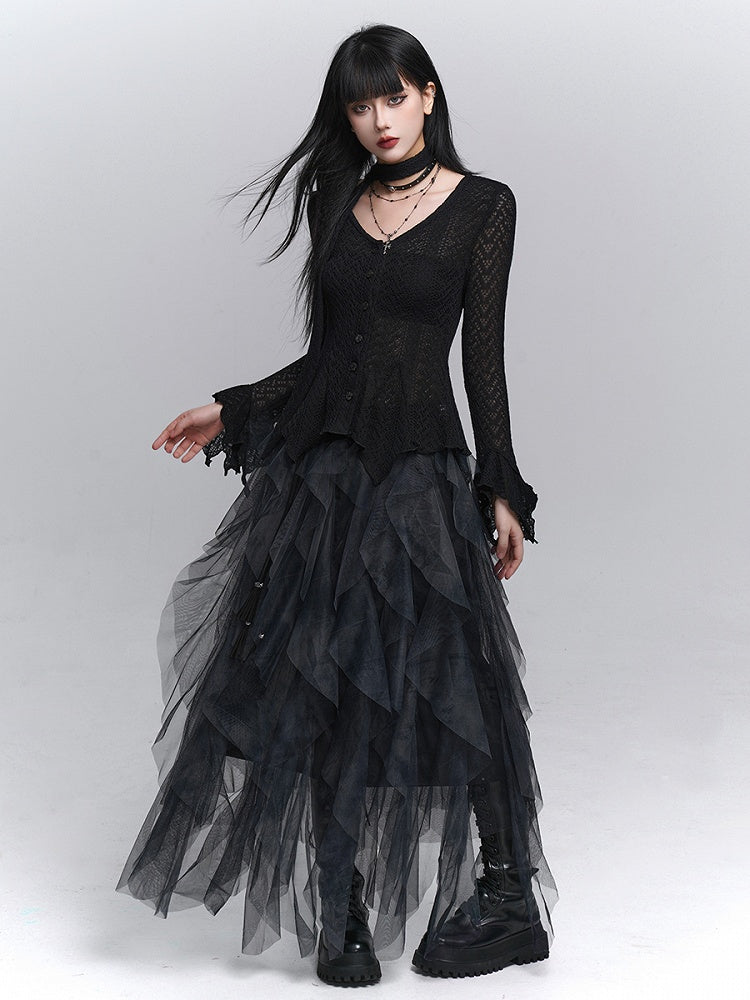 Skirt Asymmetrical Black Tulle Cascading Gothic Ruffles with