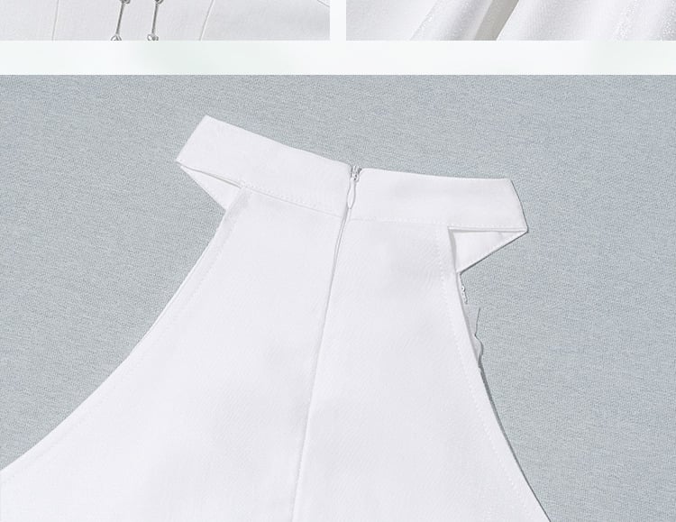 白い花柄ボディスホルターネックフェアリードレス