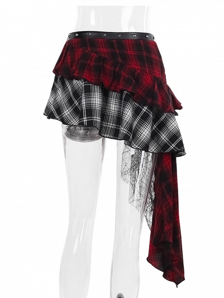 Belt Plaid Layers PU Asymmetrical Rock Mixed Halloween Punk Skirt Tiered with