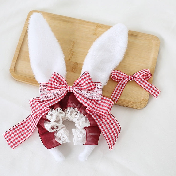 Ear Bunny Gingham Cute 4 Bowknot KC with Detachable Lolita Bowknots Colors Small