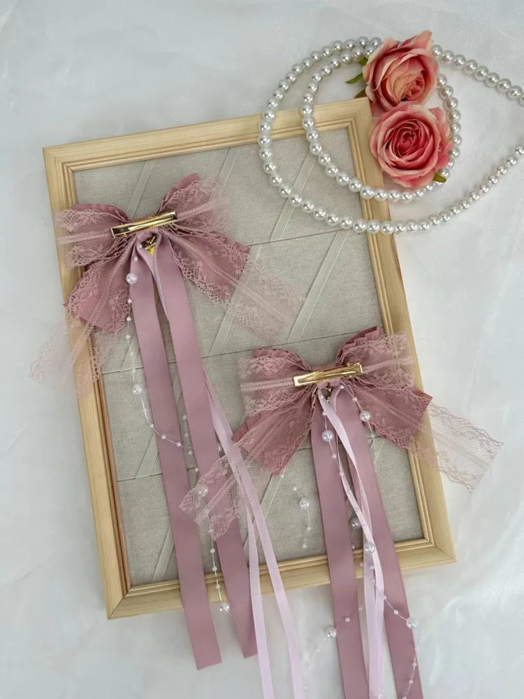 Rhinestones Details Clearance-Bead Heart Hairclip Pink Bowknot