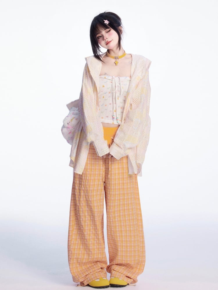 Drawstring Cuffs Wide-leg Casual Pants Orange Plaid Elastic Waist