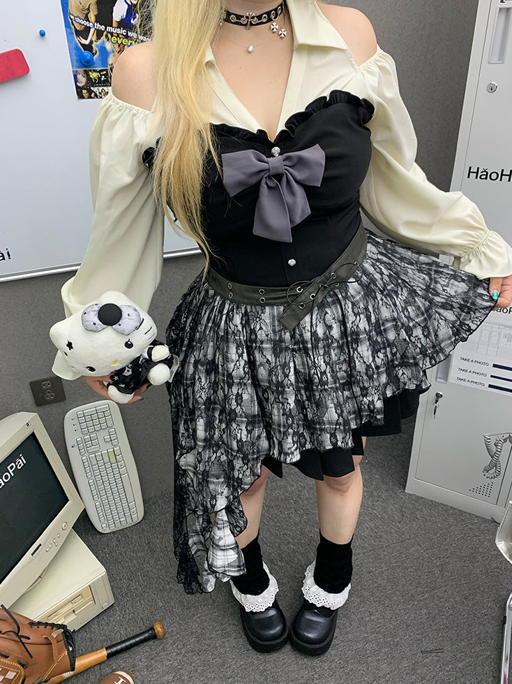 Black Pleated Skirt Dress with Cutout Shoulders and Bishop Sleeves - Hard Candy