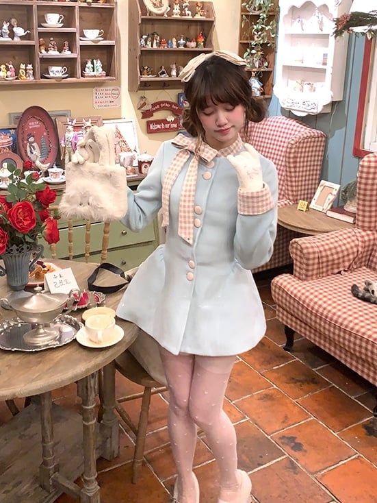 Coat Front Bowknot Pink Dress Plaid Wool with Buttons Creamy Blue