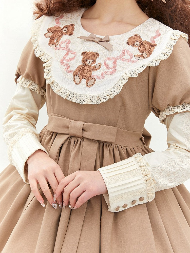 Sweet Dresswith Coffee Teddy Lolita Puff Embroidered Bear Neckline Sleeves Trim Lace