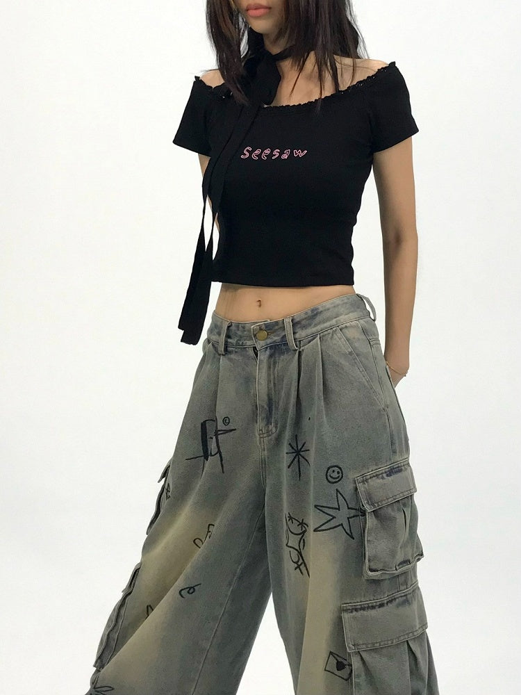 Y2K Graffiti Low for Denim Women Jeans Waist