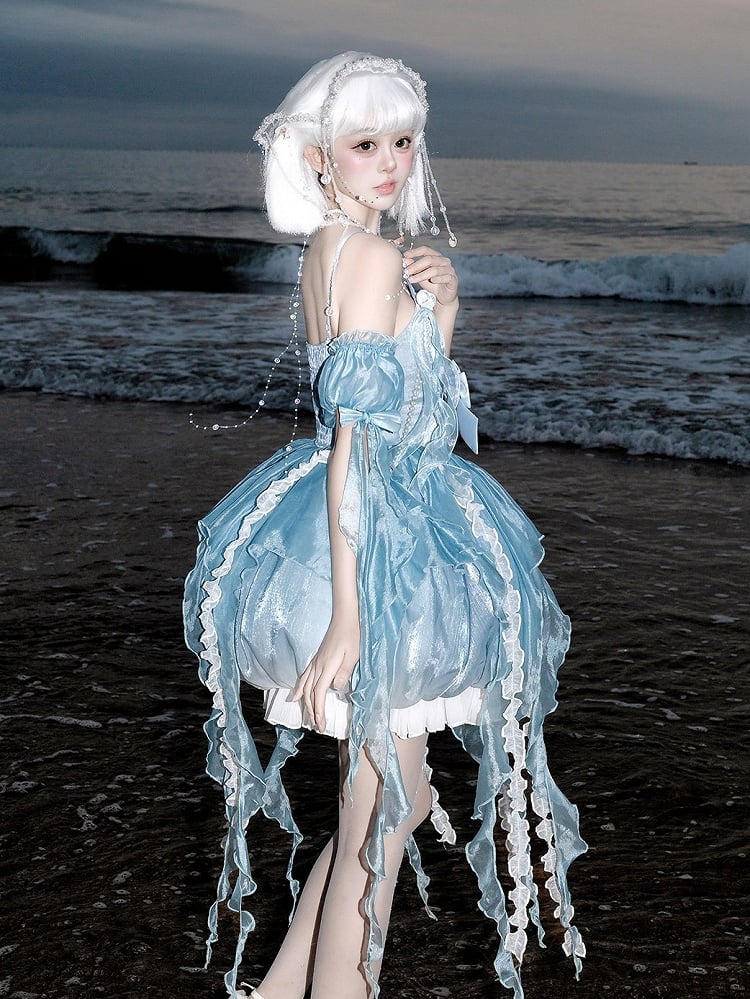Azure Sleeveless Ruffled Bubble Dress with Uneven Hemline Silhouette - Unknown Star