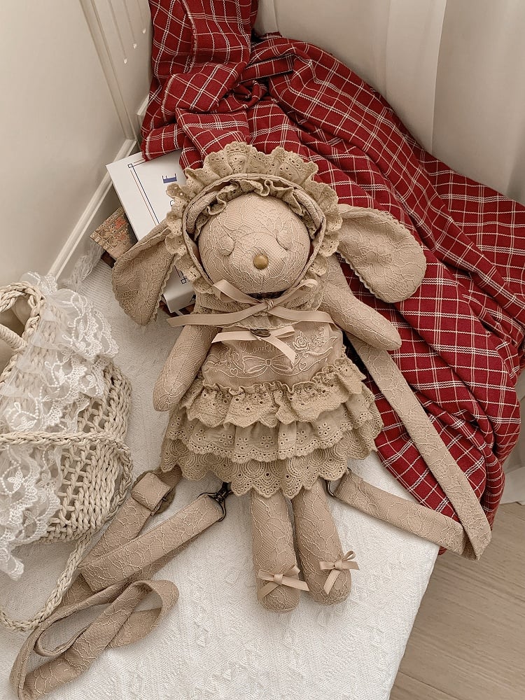Brown Rosette and Bowknot Embroidery Dress + Bunny Ears Hat