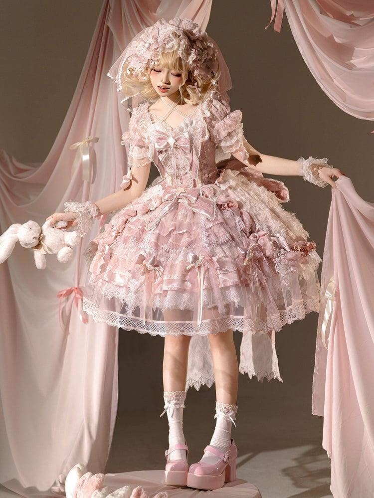 Style Sweet Theme OP Lace Hanayome Full Pink Dress Strawberry Set Lolita