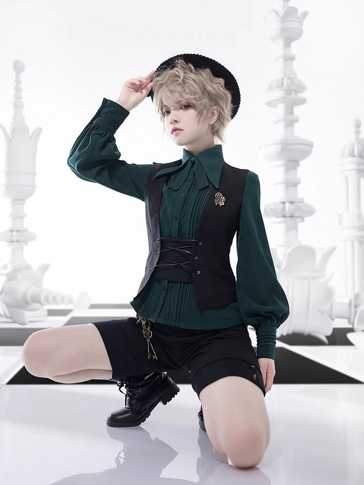 プリンス レース スリーブ 4 とロングディテール フォールドオーバー プリーツオプション カラーシャツ カラーポイント