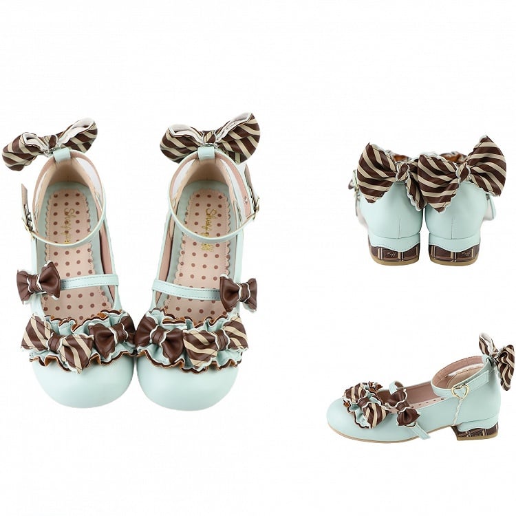 Heart Pattern Details Buckle Lolita Bowknot GreenBrown Striped