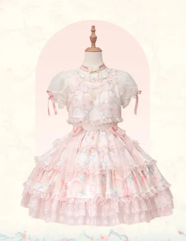 Pink Tiered Skirt Qi Lolita Dress Delicate Peach and Peach Blossom Embroidery on Neck