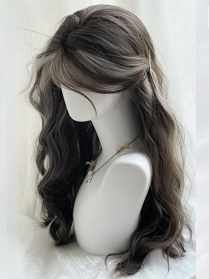 前髪ありブラウン 65cm ハイライトウィッグ 長さ カーテン ウェーブ グレー