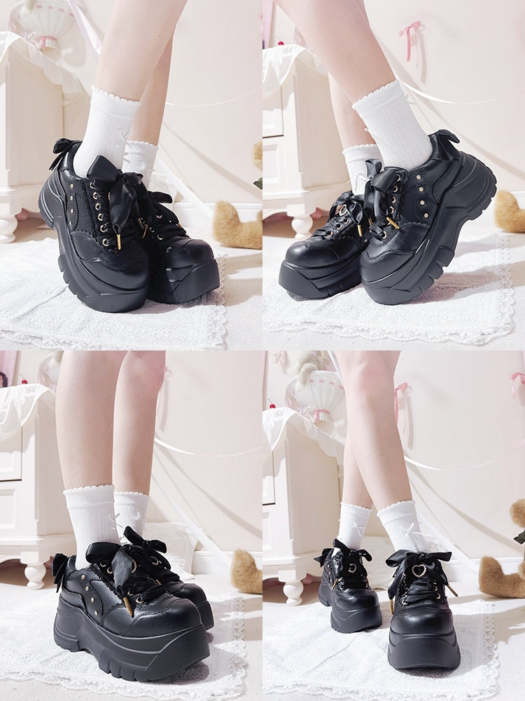 - Kei Lace-Up Shoes Heart Details Black Platform Trim Jirai with Beaded Bow Lace Design Rhinestone