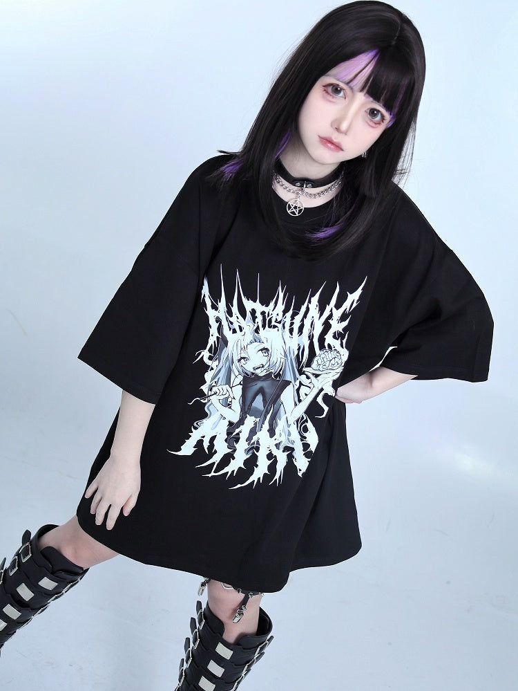 Kei Cartoon Girl Print Black T-shirt Jirai Round Neck