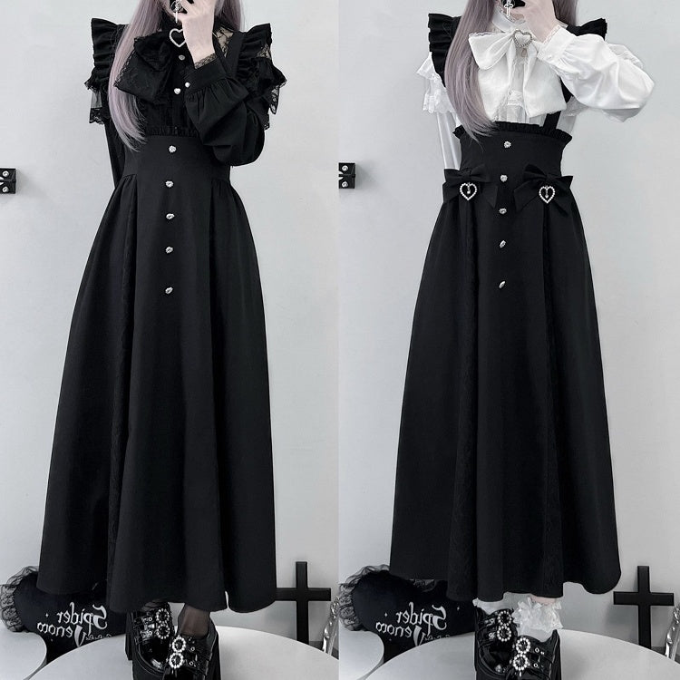 in Overall-Ärmeln, kariert, lang, flatternd, schwarz/grau, abnehmbarer Strass-Kei-Rock, Jirai-Akzente mit Stil