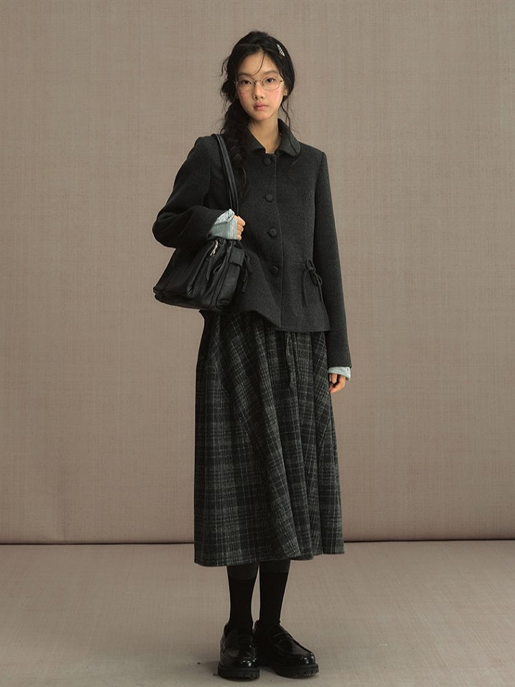 Dark Gray Peter Pan Collar Blazer with Bow Accent