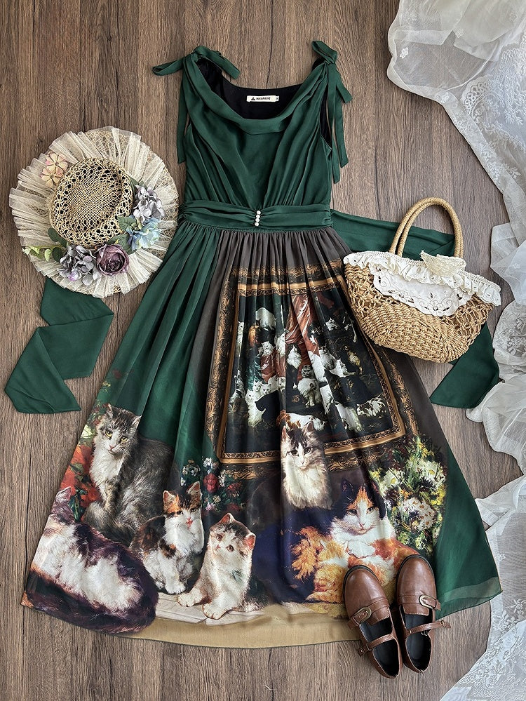 Dark Green Cat Oil Painting Print Elegant Lolita Maxi Dress with Cowl Neckline and Tie Straps