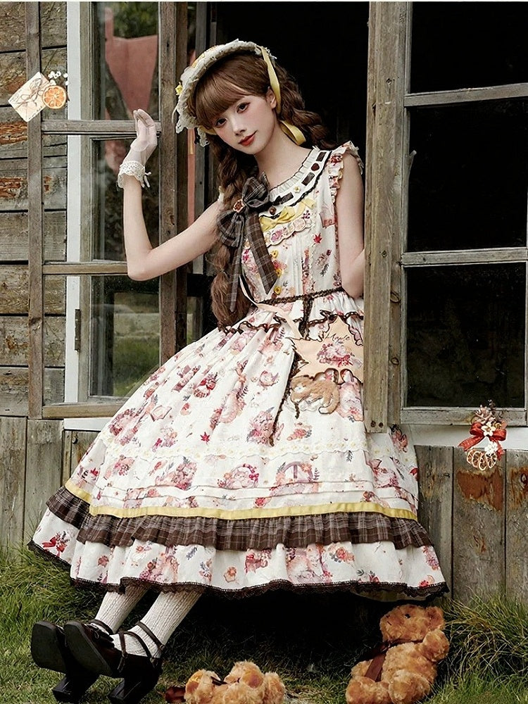 Sweet Lolita Jumper Dress with Cat and Maple Print, Ruffle Trim, and Bows - Lineall Cat