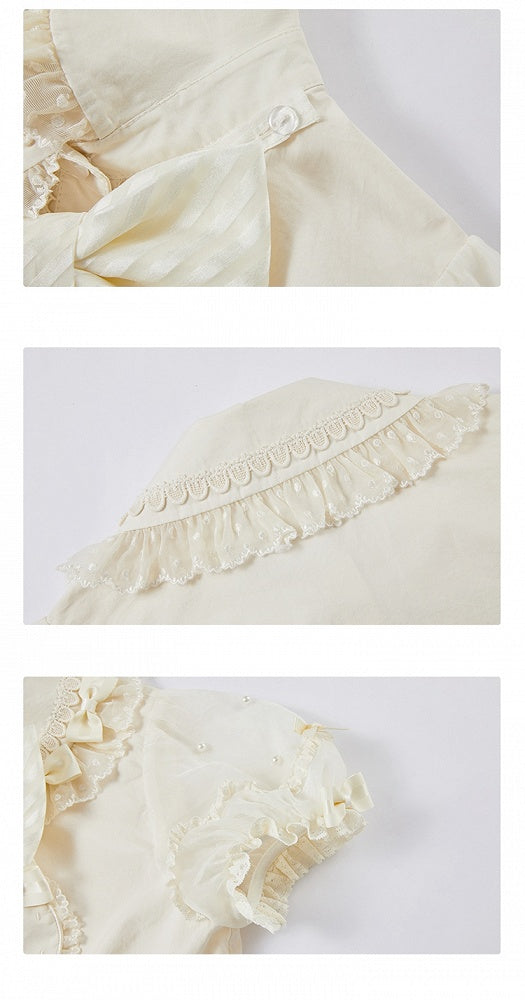 Beige Bluse mit abnehmbarem Schleifenausschnitt, Perlen und kurzen Puffärmeln