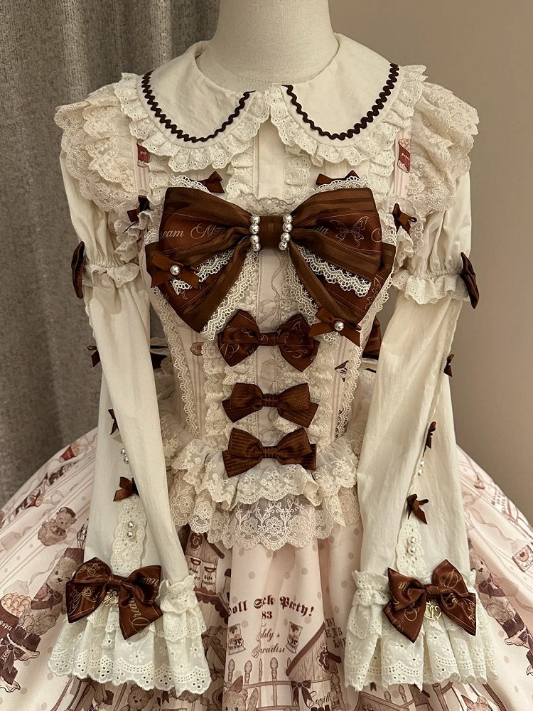 and Lolita Ruffled Pan Peter with Detachable Accents Brown Sleeves Collar Bow Blouse Beige