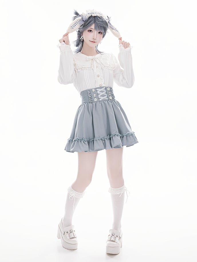 Light with Corset-Style High Kei Skirt Waistband Jirai Waist Blue