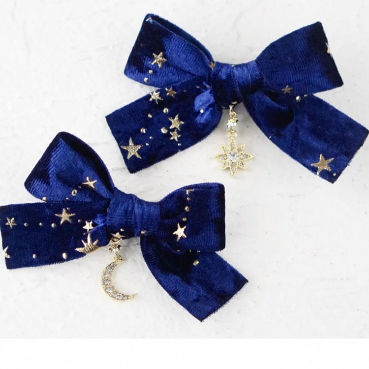 プリントムーンリボンブルーヘアクリップスターチャーム