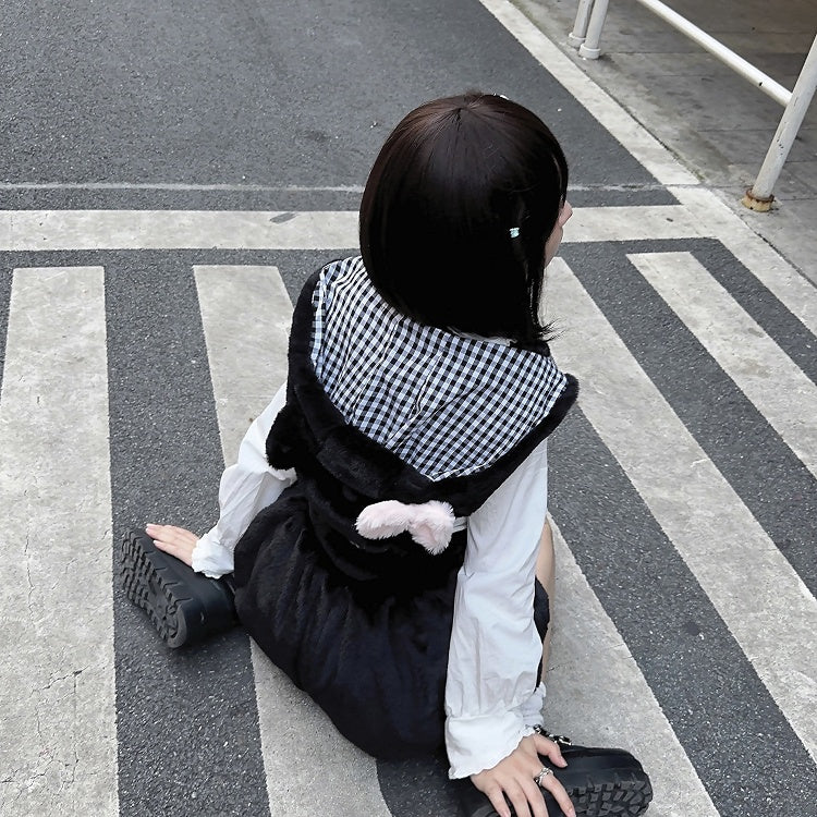 Detachable with Plush Paw Kawaii Soft Hood Cat-Ear Cat Embroidery Bloomer Shorts Overall Black