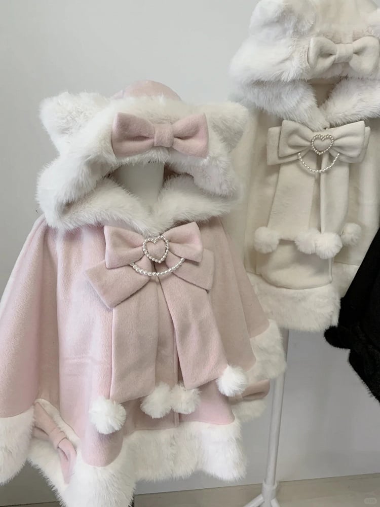 Style Wool Jirai Kitty in Kei - Cape Hooded Plush Pink Ears Kawaii Coat