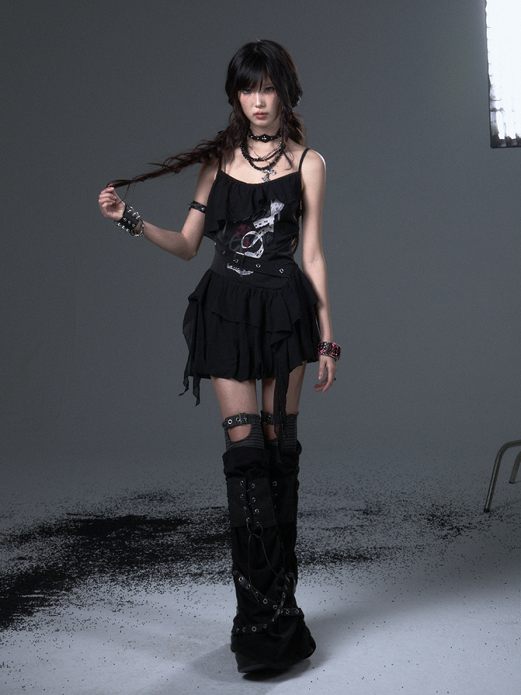 Straps Thin Black Print Slim-fitting Shoulder Top Cami - Floral Ruffled Trim