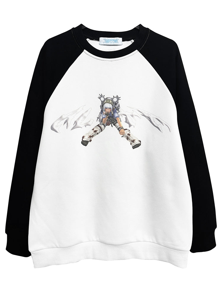 黒と白のカラーブロックサイバーパンクガールグラフィックスウェットシャツ