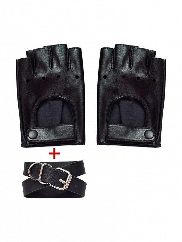 Black Punk Cutout Half-Finger Gloves with Leather Wristband Set - Mr. Cat