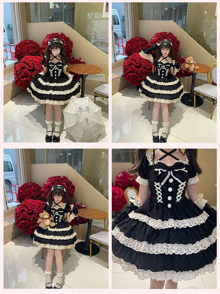 und Lolita-Taille, einteiliges Basken-Schulkleid aus Spitze, Beige, alter schwarzer Besatz