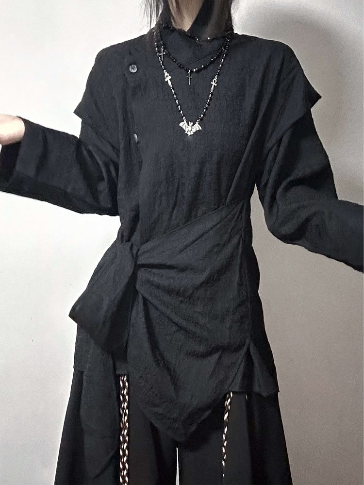 Corset Fake with Details Hem Belt Two-piece Black Asymmetrical Shirt Buckle