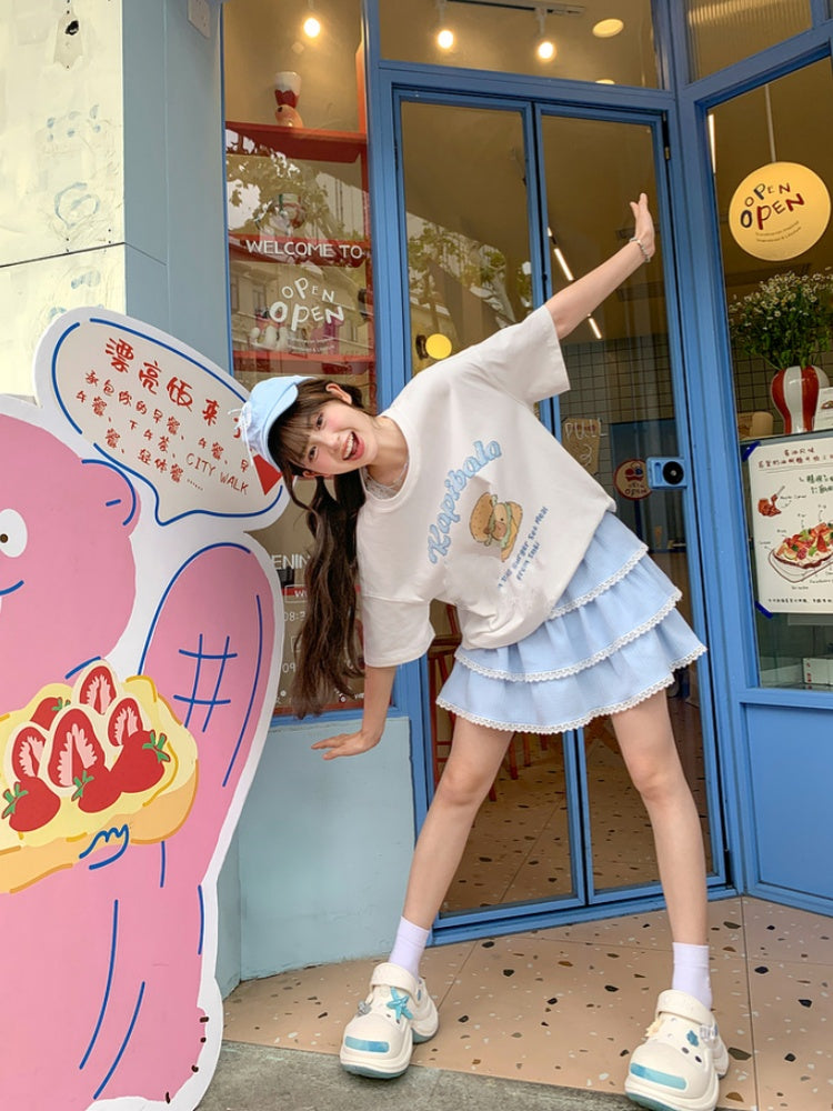 Neck White Round Long Capybara Burger Print T-Shirt Version