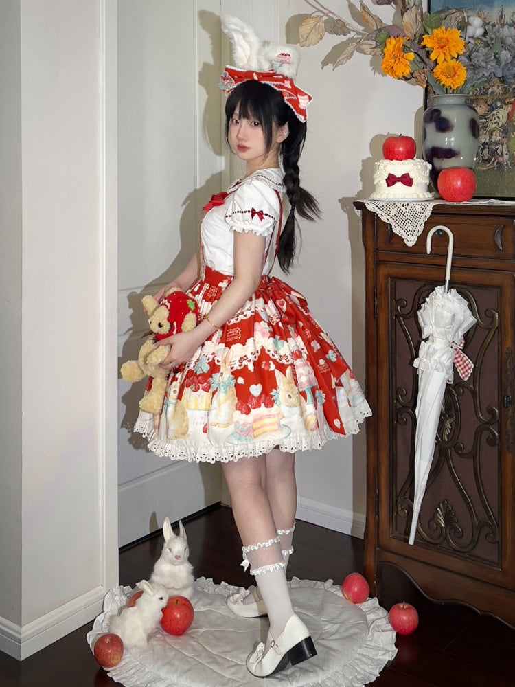 白と赤のハートボタン付きパフスリーブのスイートロリータブラウス