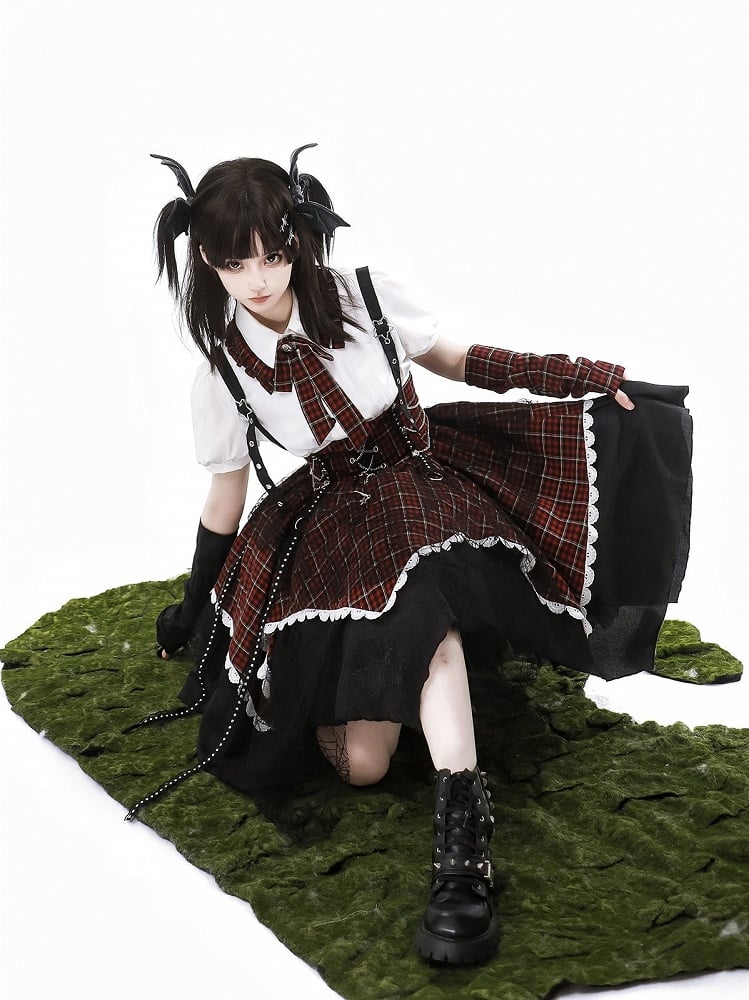 Dress Lolita Punk Red Black Plaid Overall Sleeves Detachable + Blouse Puff-Sleeve