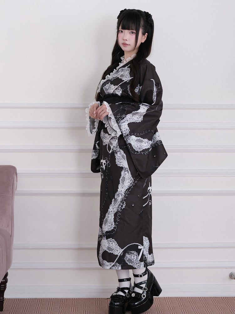 Black Yukata-Inspired Jirai Kei Lace Print Cross Collar Top with Lace Details - No Genki