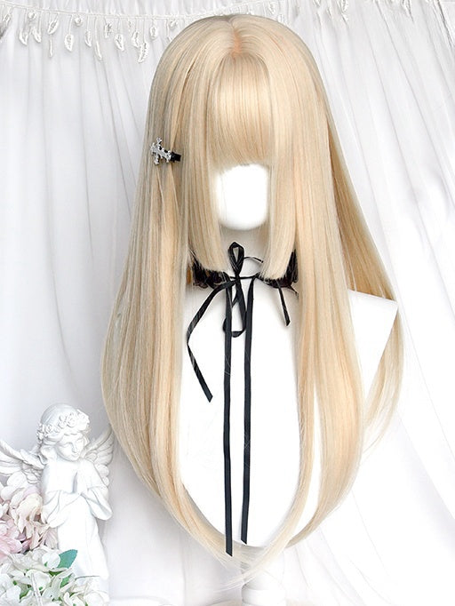 Blonde, Hime-geschnittene, unterbrustlange, glatte Perücke mit vollem Pony