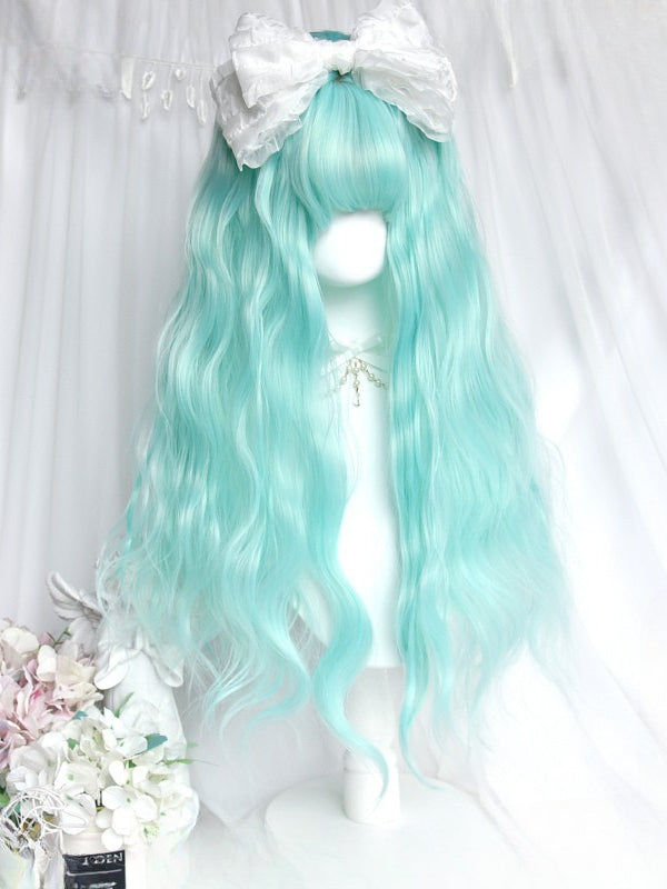 Gewellte 65CM Perücke Grün mit Pony in voller Länge