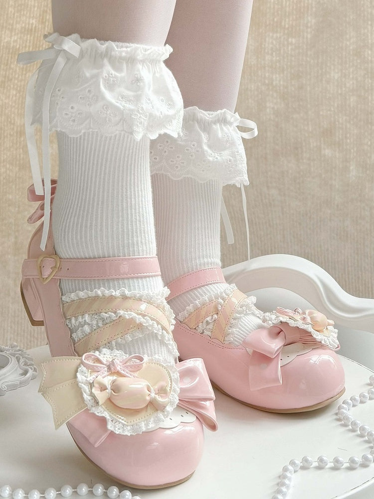 Bows Accents Pink Jane PU Light Mary Sweet Shoes with
