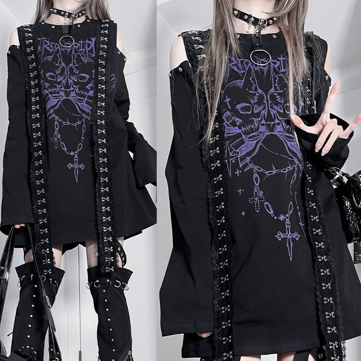 Shoulder Print BlackPurple And Cutout Top Emo Skeleton Punk Letter Long Sleeves