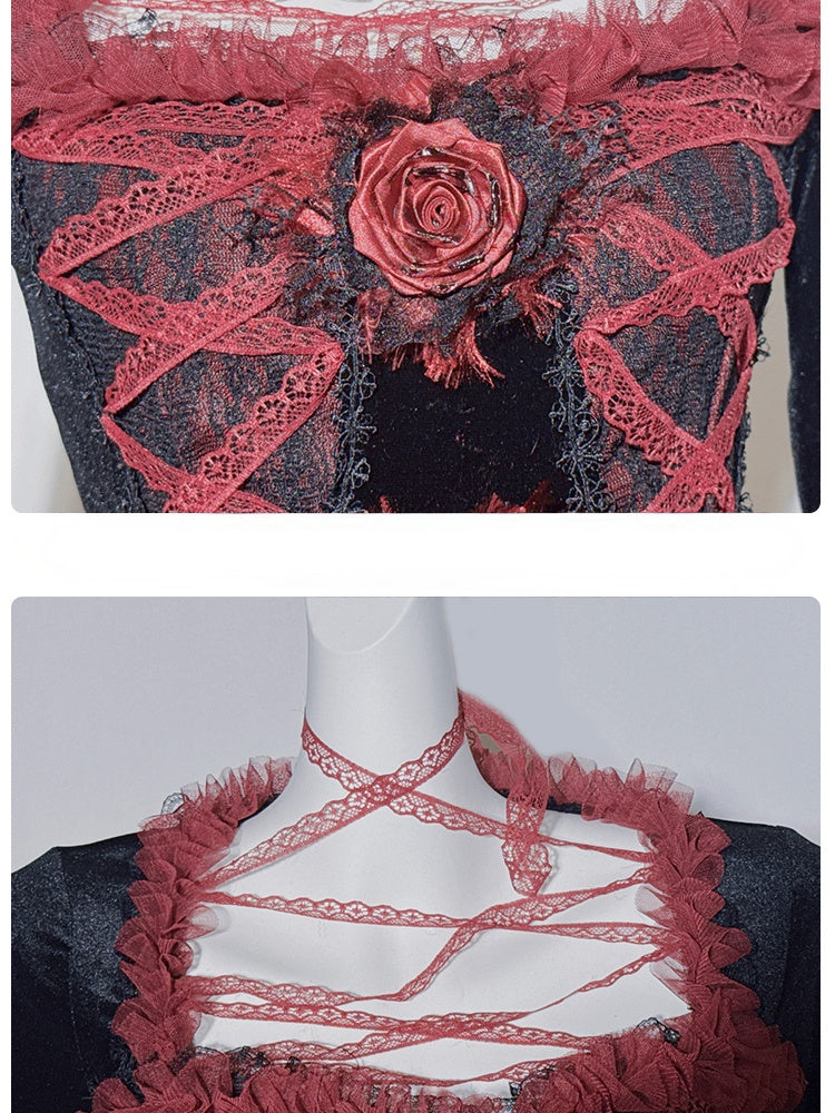 GothicBlack and Red Lace Square Neck Rosette Top